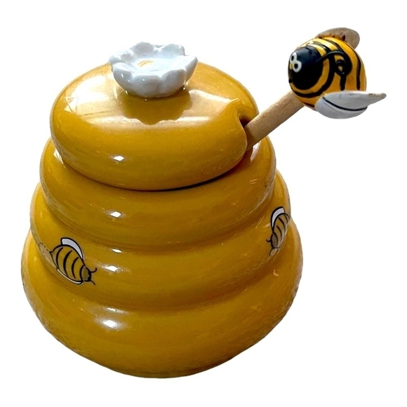Mini Honey Pot Ceramic Jar & Wood Dipper Honey Miel Joie MSC Beehive with Bee - Picture 3 of 6